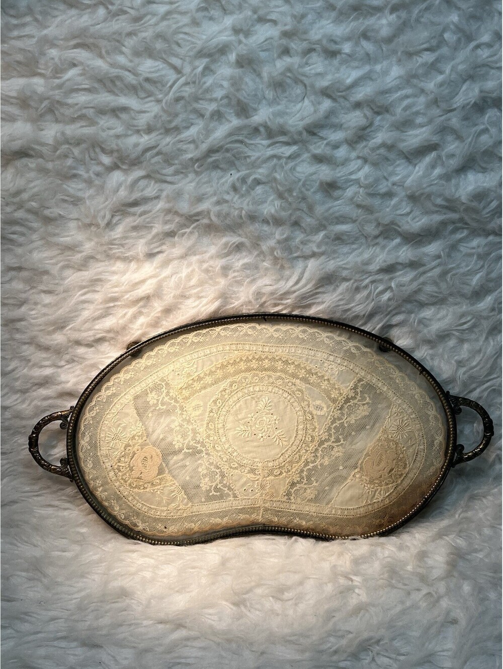 French antique kidney-shaped glass vanity dresser tray with lace insert